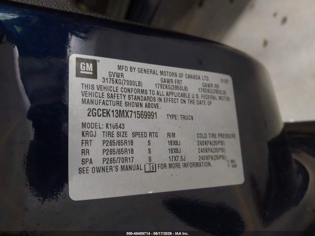 Aukcja sprzedaży 2007 Chevrolet Silverado 1500 Lt1, vin: 2GCEK13MX71569991, numer aukcji: 45408714