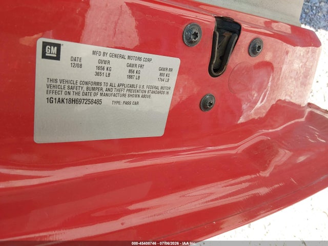 45408746 :رقم المزاد ، 1G1AK18H697258485 vin ، 2009 Chevrolet Cobalt Ls مزاد بيع