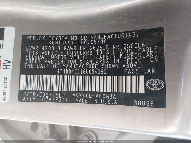 45408754 :رقم المزاد ، 4T1BD1EB4GU054090 vin ، 2016 Toyota Avalon Hybrid Xle Premium مزاد بيع