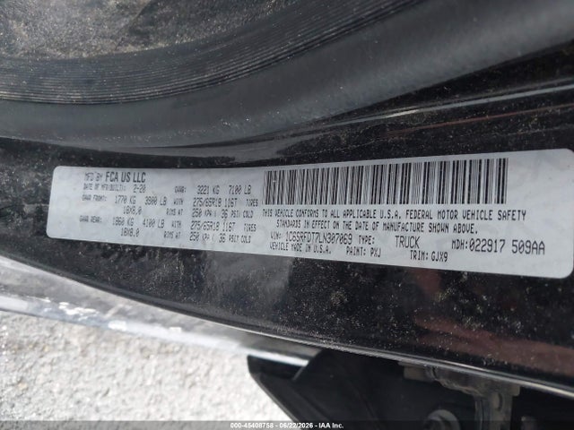 45408758 :رقم المزاد ، 1C6SRFDT7LN307069 vin ، 2020 Ram 1500 Laramie  4x4 6'4 Box مزاد بيع