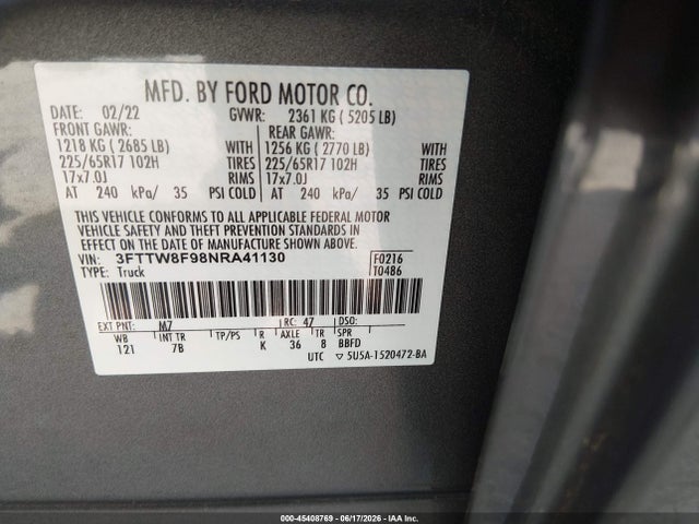Auction sale of the 2022 Ford Maverick Xlt, vin: 3FTTW8F98NRA41130, lot number: 45408769