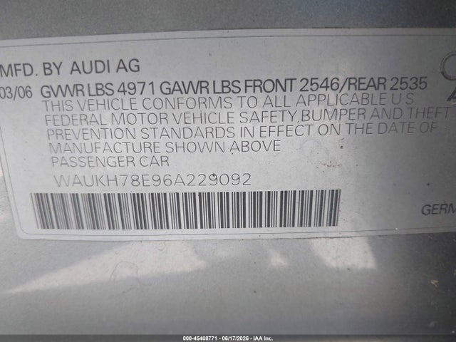 2006 Audi A4 3.2 Avant მანქანა იყიდება აუქციონზე, vin: WAUKH78E96A229092, აუქციონის ნომერი: 45408771