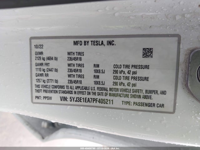 Aukcja sprzedaży 2023 Tesla Model 3 Rear-wheel Drive, vin: 5YJ3E1EA7PF405211, numer aukcji: 45408790