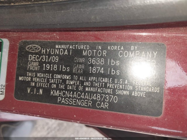 2010 Hyundai Accent Gls მანქანა იყიდება აუქციონზე, vin: KMHCN4AC4AU487370, აუქციონის ნომერი: 45408810
