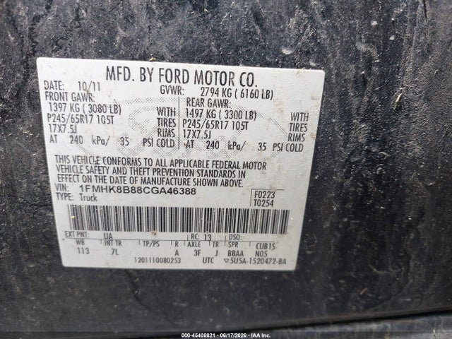 Aukcja sprzedaży 2012 Ford Explorer, vin: 1FMHK8B88CGA46388, numer aukcji: 45408821