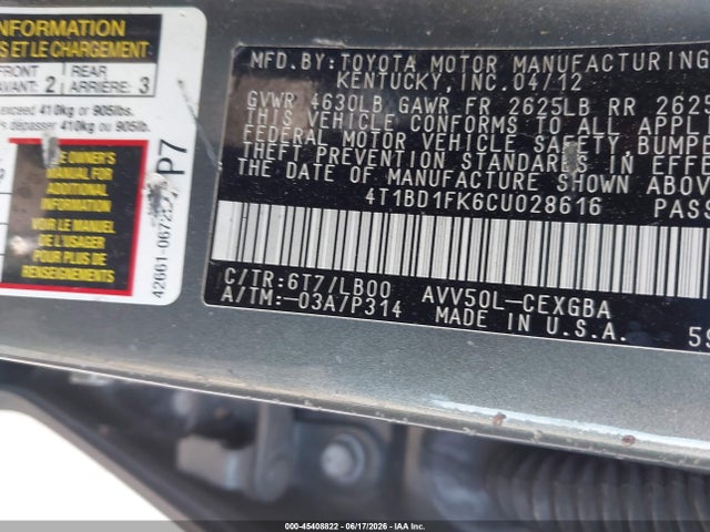 Aukcja sprzedaży 2012 Toyota Camry Hybrid Xle, vin: 4T1BD1FK6CU028616, numer aukcji: 45408822
