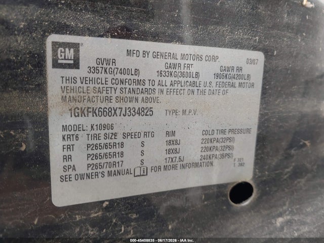 2007 Gmc Yukon Xl 1500 Denali მანქანა იყიდება აუქციონზე, vin: 1GKFK668X7J334825, აუქციონის ნომერი: 45408835