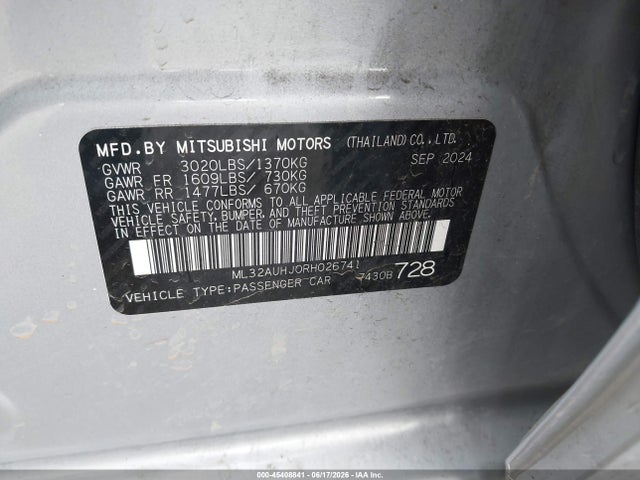 2024 Mitsubishi Mirage Es/le მანქანა იყიდება აუქციონზე, vin: ML32AUHJ0RH026741, აუქციონის ნომერი: 45408841