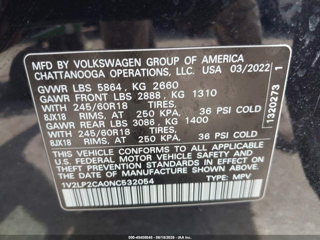 2022 Volkswagen Atlas 2.0t Se მანქანა იყიდება აუქციონზე, vin: 1V2LP2CA0NC532054, აუქციონის ნომერი: 45408848