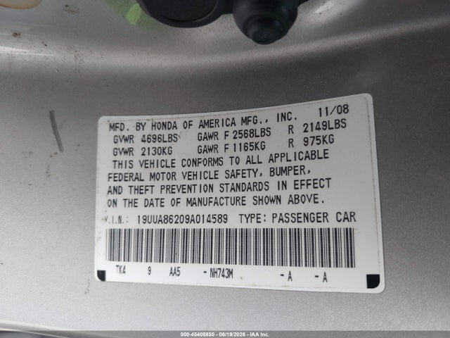 2009 Acura Tl 3.5 მანქანა იყიდება აუქციონზე, vin: 19UUA86209A014589, აუქციონის ნომერი: 45408850