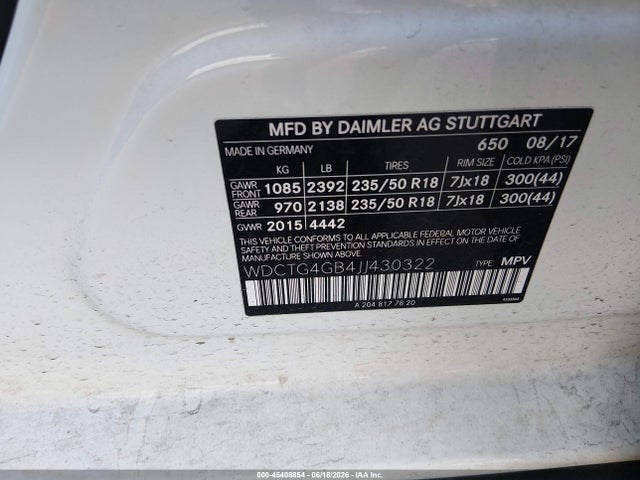 45408854 :رقم المزاد ، WDCTG4GB4JJ430322 vin ، 2018 Mercedes-benz Gla 250 4matic مزاد بيع