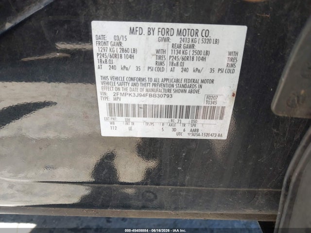 45408884 :رقم المزاد ، 2FMPK3J94FBB30793 vin ، 2015 Ford Edge Sel مزاد بيع