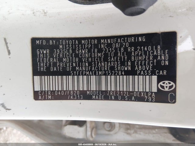 Продаж на аукціоні авто 2021 Toyota Corolla Le, vin: 5YFEPMAEXMP152284, номер лоту: 45408909