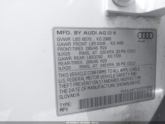 Продаж на аукціоні авто 2017 Audi Q7 3.0t Premium, vin: WA1LAAF74HD010680, номер лоту: 45408915