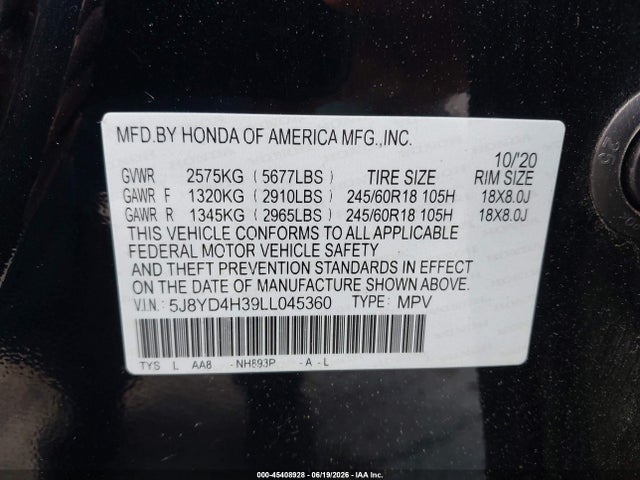 Aukcja sprzedaży 2020 Acura Mdx Standard, vin: 5J8YD4H39LL045360, numer aukcji: 45408928