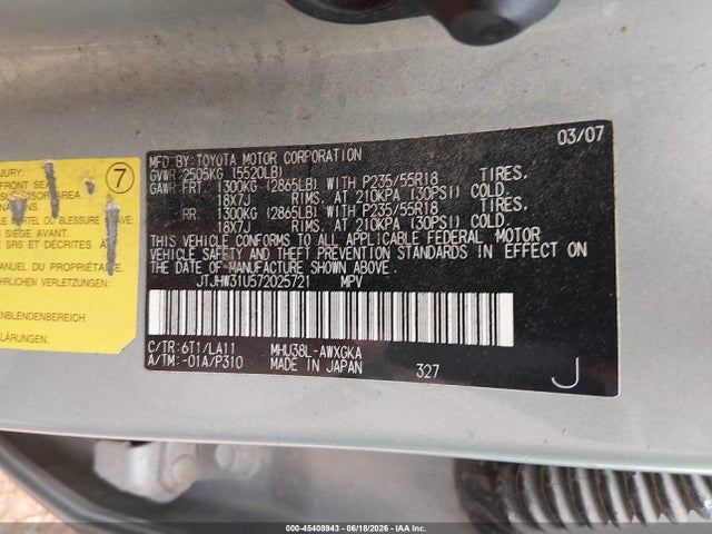 45408943 :رقم المزاد ، JTJHW31U572025721 vin ، 2007 Lexus Rx 400h مزاد بيع