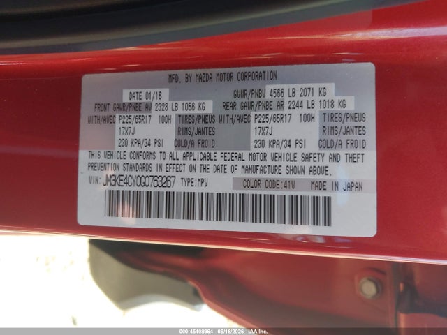 45408964 :رقم المزاد ، JM3KE4CY0G0763267 vin ، 2016 Mazda Cx-5 Touring مزاد بيع