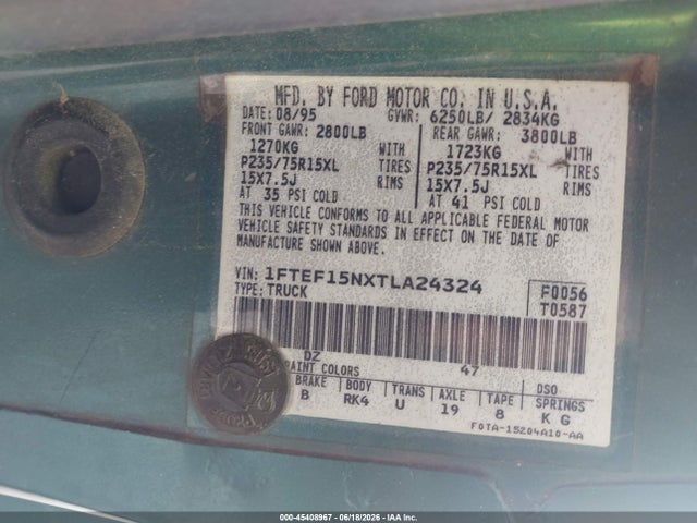 1996 Ford F150 მანქანა იყიდება აუქციონზე, vin: 1FTEF15NXTLA24324, აუქციონის ნომერი: 45408967