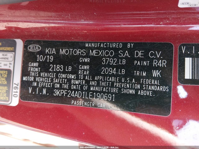 Aukcja sprzedaży 2020 Kia Forte Lxs, vin: 3KPF24AD1LE190691, numer aukcji: 45408980