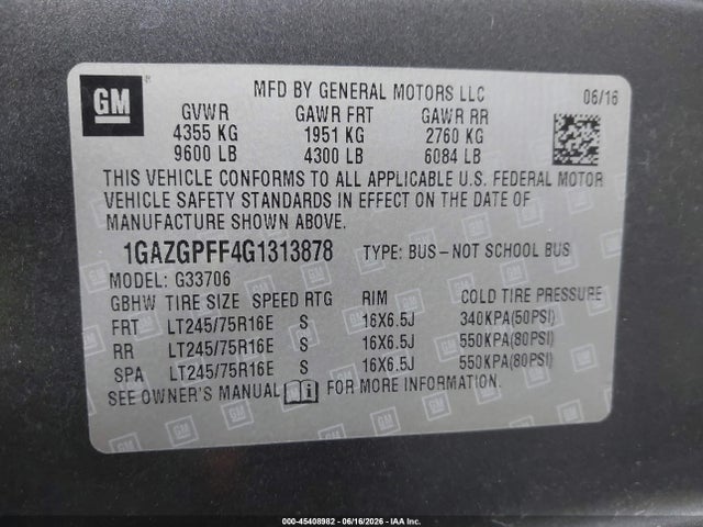 Auction sale of the 2016 Chevrolet Express 3500 Lt, vin: 1GAZGPFF4G1313878, lot number: 45408982