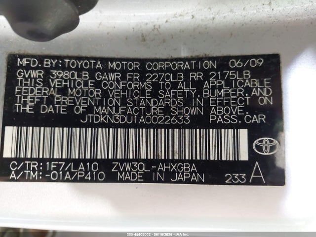 Aukcja sprzedaży 2010 Toyota Prius Iv, vin: JTDKN3DU1A0022633, numer aukcji: 45409002