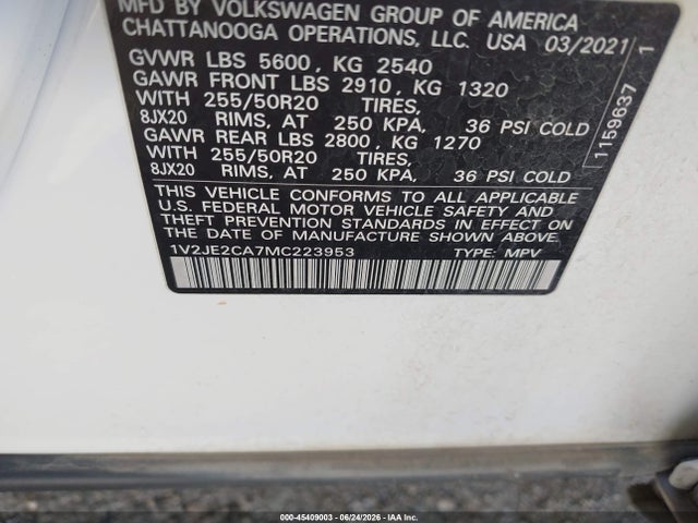 2021 Volkswagen Atlas Cross Sport 3.6l V6 Se W/technology მანქანა იყიდება აუქციონზე, vin: 1V2JE2CA7MC223953, აუქციონის ნომერი: 45409003