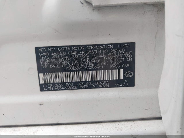 45409004 :رقم المزاد ، JT8BD69S250206981 vin ، 2005 Lexus Gs 300 مزاد بيع