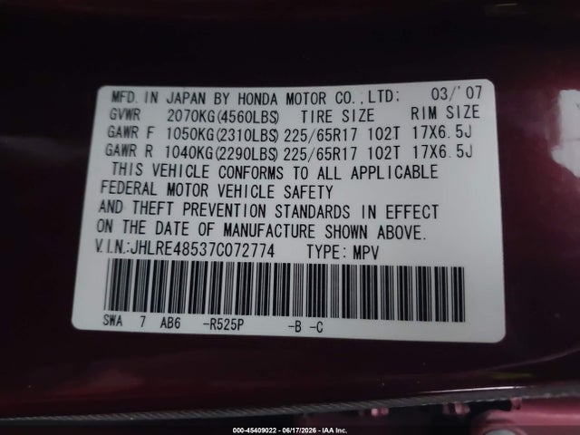 Продажа на аукционе авто 2007 Honda Cr-v Ex, vin: JHLRE48537C072774, номер лота: 45409022
