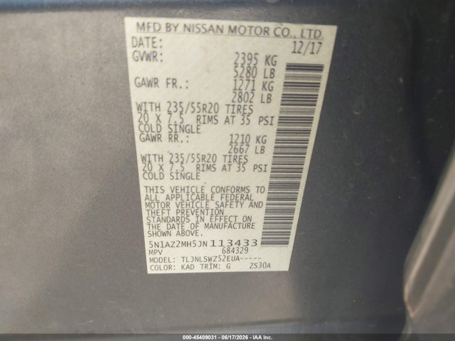 5N1AZ2MH5JN113433 Nissan Murano Platinum