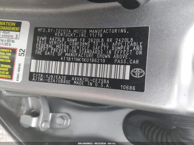 Продаж на аукціоні авто 2019 Toyota Camry Se, vin: 4T1B11HK1KU186219, номер лоту: 45409032