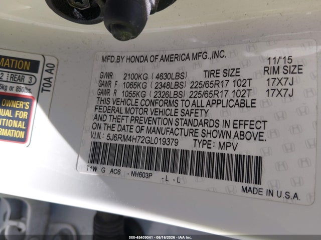 Продажа на аукционе авто 2016 Honda Cr-v Ex-l, vin: 5J6RM4H72GL019379, номер лота: 45409041