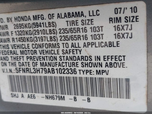 2010 Honda Odyssey Ex-l მანქანა იყიდება აუქციონზე, vin: 5FNRL3H79AB102336, აუქციონის ნომერი: 45409052