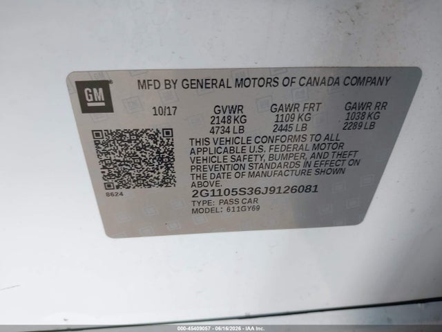 Продажа на аукционе авто 2018 Chevrolet Impala 1lt, vin: 2G1105S36J9126081, номер лота: 45409057