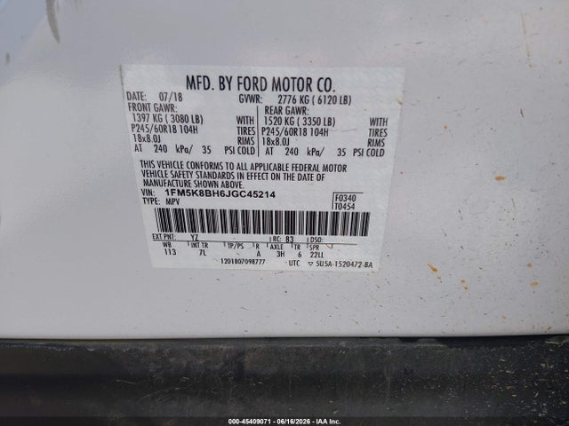 1FM5K8BH6JGC45214 Ford Explorer