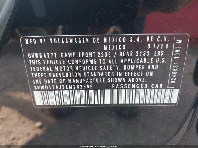 45409073 :رقم المزاد ، 3VWD17AJ3EM262899 vin ، 2014 Volkswagen Jetta 1.8t Se مزاد بيع