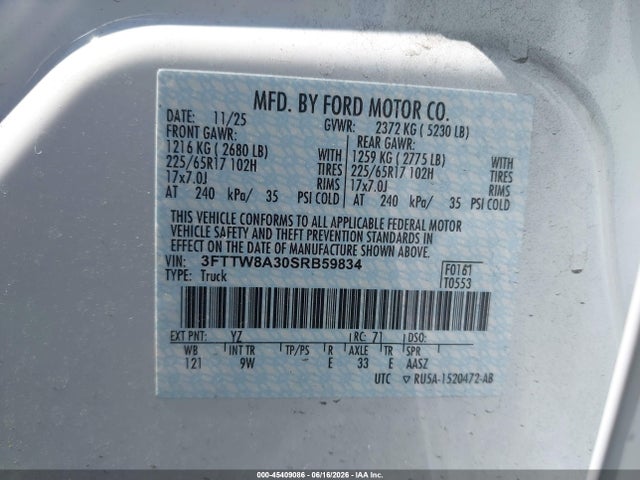 2025 Ford Maverick Xl მანქანა იყიდება აუქციონზე, vin: 3FTTW8A30SRB59834, აუქციონის ნომერი: 45409086