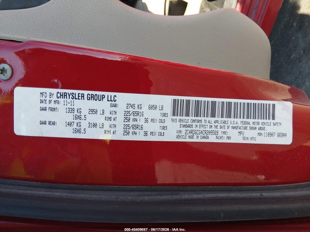 2012 Dodge Grand Caravan Sxt მანქანა იყიდება აუქციონზე, vin: 2C4RDGCG4CR209569, აუქციონის ნომერი: 45409087