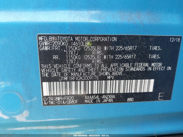 Aukcja sprzedaży 2019 Toyota Rav4 Le, vin: JTMF1RFV2KD009115, numer aukcji: 45409088