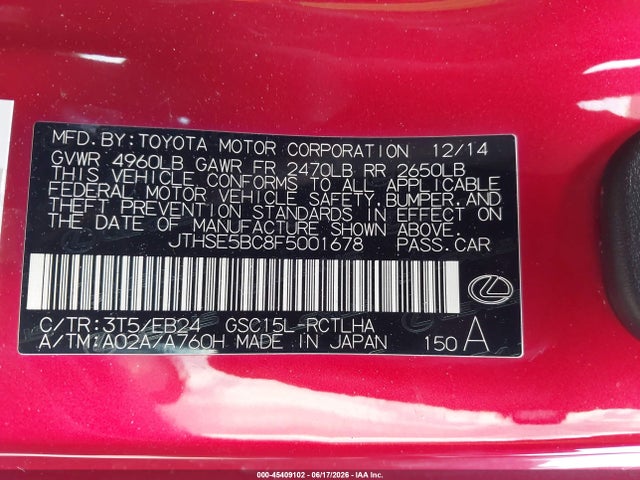 45409102 :رقم المزاد ، JTHSE5BC8F5001678 vin ، 2015 Lexus Rc 350 مزاد بيع