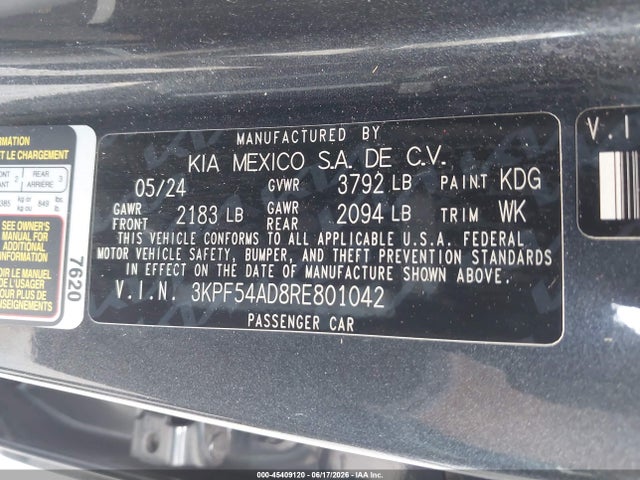2024 Kia Forte Gt-line მანქანა იყიდება აუქციონზე, vin: 3KPF54AD8RE801042, აუქციონის ნომერი: 45409120