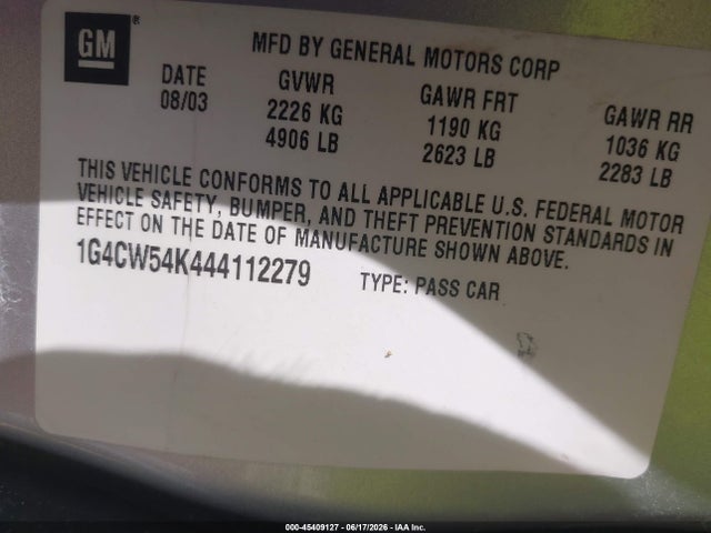 Продаж на аукціоні авто 2004 Buick Park Avenue, vin: 1G4CW54K444112279, номер лоту: 45409127