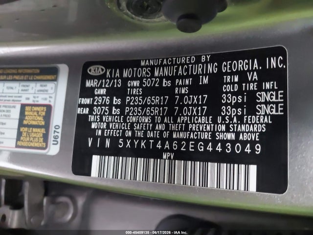 KIA SORENTO LX 2014 5XYKT4A62EG443049 Image 9
