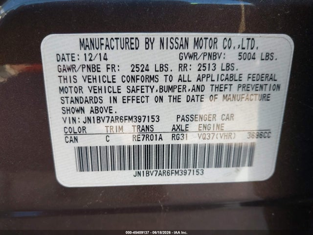 2015 Infiniti Q50 Premium მანქანა იყიდება აუქციონზე, vin: JN1BV7AR6FM397153, აუქციონის ნომერი: 45409137