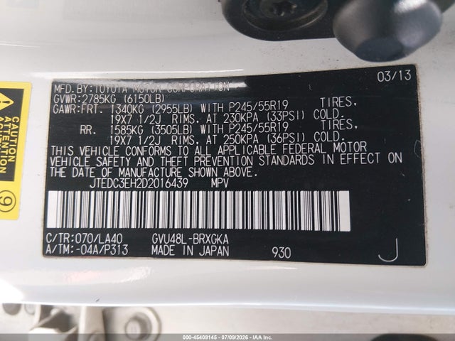 Продаж на аукціоні авто 2013 Toyota Highlander Hybrid Limited V6, vin: JTEDC3EH2D2016439, номер лоту: 45409145