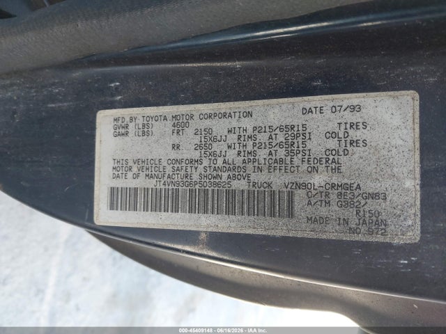 45409148 :رقم المزاد ، JT4VN93G6P5038625 vin ، 1993 Toyota Pickup 1/2 Ton Ex Long Whlbs Sr5 مزاد بيع