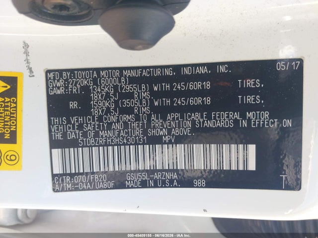 Toyota Highlander Le 2017 5TDBZRFH3HS430131 Image 9