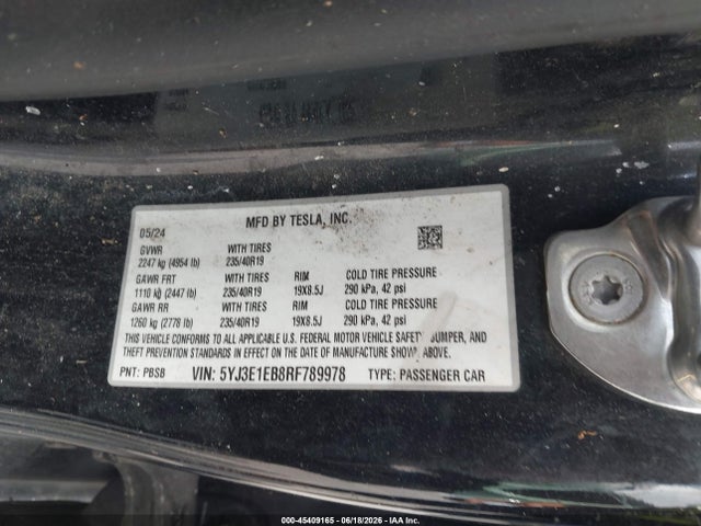Aukcja sprzedaży 2024 Tesla Model 3 Long Range Dual Motor All-wheel Drive, vin: 5YJ3E1EB8RF789978, numer aukcji: 45409165
