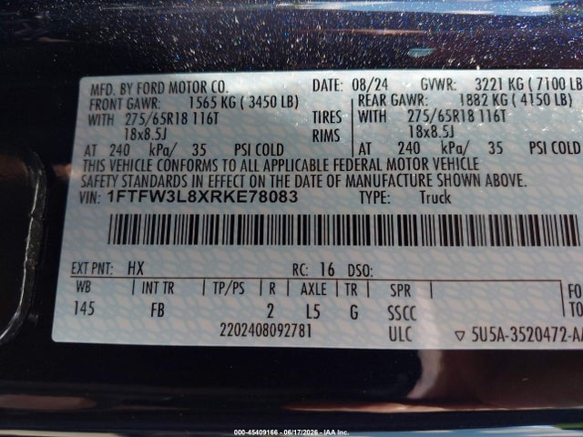 45409166 :رقم المزاد ، 1FTFW3L8XRKE78083 vin ، 2024 Ford F-150 Xlt مزاد بيع