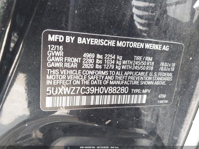 Aukcja sprzedaży 2017 Bmw X3 Sdrive28i, vin: 5UXWZ7C39H0V88280, numer aukcji: 45409169