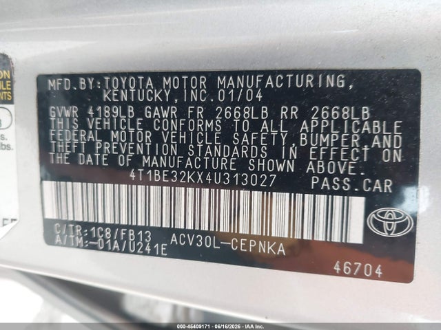 Aukcja sprzedaży 2004 Toyota Camry Le, vin: 4T1BE32KX4U313027, numer aukcji: 45409171